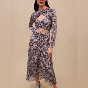 MAJE Pink Long satiny cut-out dress leopard SZ 36